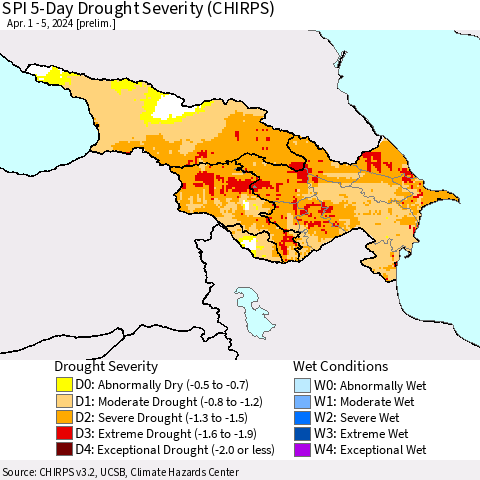 Azerbaijan, Armenia and Georgia SPI 5-Day Drought Severity (CHIRPS) Thematic Map For 4/1/2024 - 4/5/2024