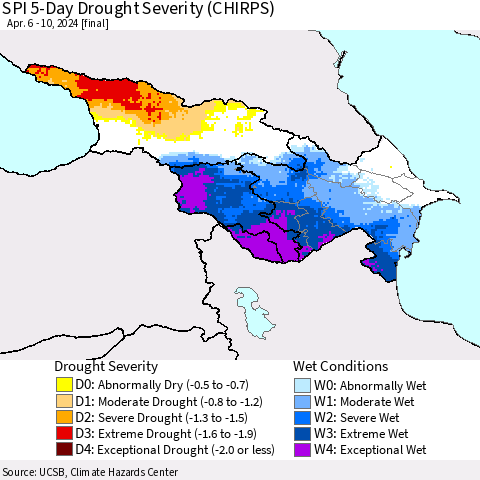 Azerbaijan, Armenia and Georgia SPI 5-Day Drought Severity (CHIRPS) Thematic Map For 4/6/2024 - 4/10/2024