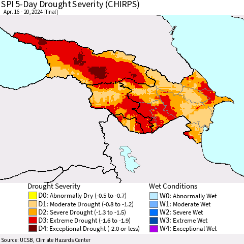 Azerbaijan, Armenia and Georgia SPI 5-Day Drought Severity (CHIRPS) Thematic Map For 4/16/2024 - 4/20/2024