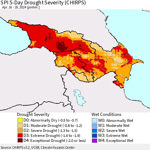 Azerbaijan, Armenia and Georgia SPI 5-Day Drought Severity (CHIRPS) Thematic Map For 4/16/2024 - 4/20/2024