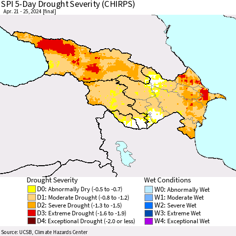 Azerbaijan, Armenia and Georgia SPI 5-Day Drought Severity (CHIRPS) Thematic Map For 4/21/2024 - 4/25/2024