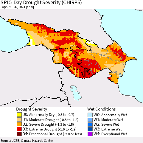 Azerbaijan, Armenia and Georgia SPI 5-Day Drought Severity (CHIRPS) Thematic Map For 4/26/2024 - 4/30/2024