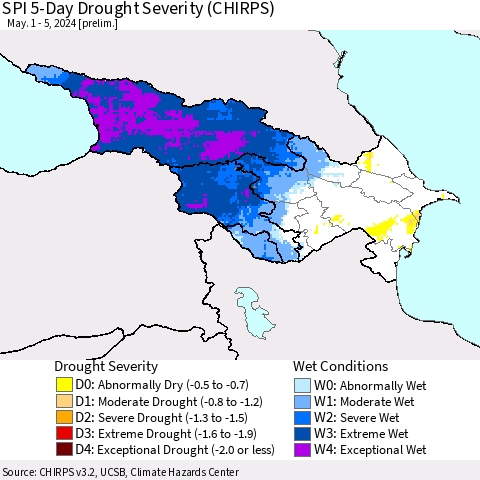 Azerbaijan, Armenia and Georgia SPI 5-Day Drought Severity (CHIRPS) Thematic Map For 5/1/2024 - 5/5/2024