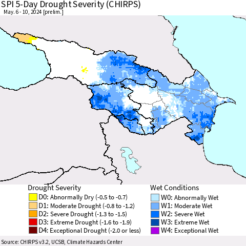 Azerbaijan, Armenia and Georgia SPI 5-Day Drought Severity (CHIRPS) Thematic Map For 5/6/2024 - 5/10/2024
