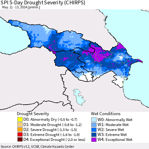 Azerbaijan, Armenia and Georgia SPI 5-Day Drought Severity (CHIRPS) Thematic Map For 5/11/2024 - 5/15/2024
