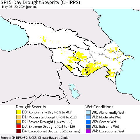 Azerbaijan, Armenia and Georgia SPI 5-Day Drought Severity (CHIRPS) Thematic Map For 5/16/2024 - 5/20/2024