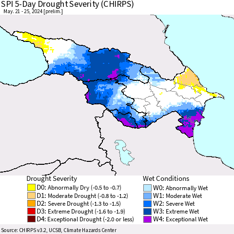 Azerbaijan, Armenia and Georgia SPI 5-Day Drought Severity (CHIRPS) Thematic Map For 5/21/2024 - 5/25/2024