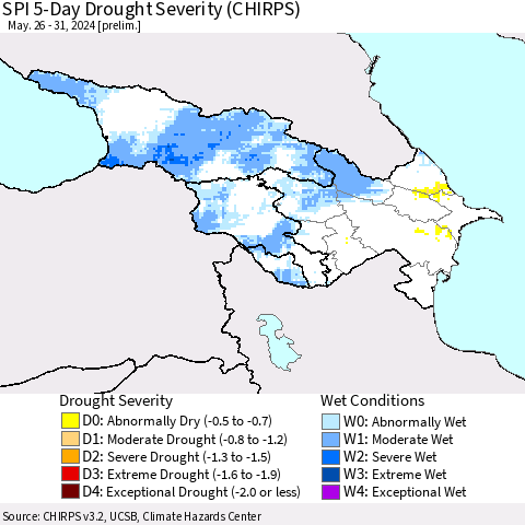 Azerbaijan, Armenia and Georgia SPI 5-Day Drought Severity (CHIRPS) Thematic Map For 5/26/2024 - 5/31/2024