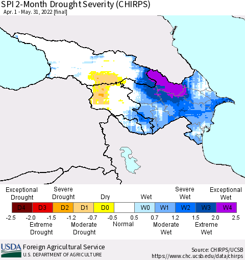 Azerbaijan, Armenia and Georgia SPI 2-Month Drought Severity (CHIRPS) Thematic Map For 4/1/2022 - 5/31/2022