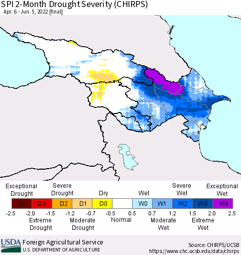 Azerbaijan, Armenia and Georgia SPI 2-Month Drought Severity (CHIRPS) Thematic Map For 4/6/2022 - 6/5/2022