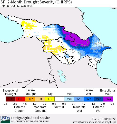 Azerbaijan, Armenia and Georgia SPI 2-Month Drought Severity (CHIRPS) Thematic Map For 4/11/2022 - 6/10/2022