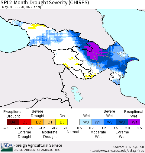 Azerbaijan, Armenia and Georgia SPI 2-Month Drought Severity (CHIRPS) Thematic Map For 5/21/2022 - 7/20/2022