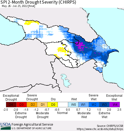 Azerbaijan, Armenia and Georgia SPI 2-Month Drought Severity (CHIRPS) Thematic Map For 5/26/2022 - 7/25/2022