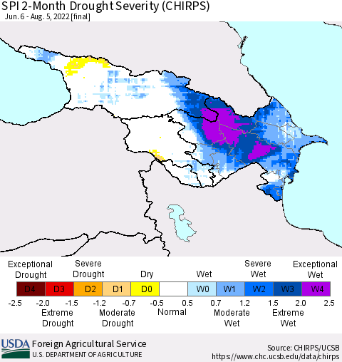 Azerbaijan, Armenia and Georgia SPI 2-Month Drought Severity (CHIRPS) Thematic Map For 6/6/2022 - 8/5/2022