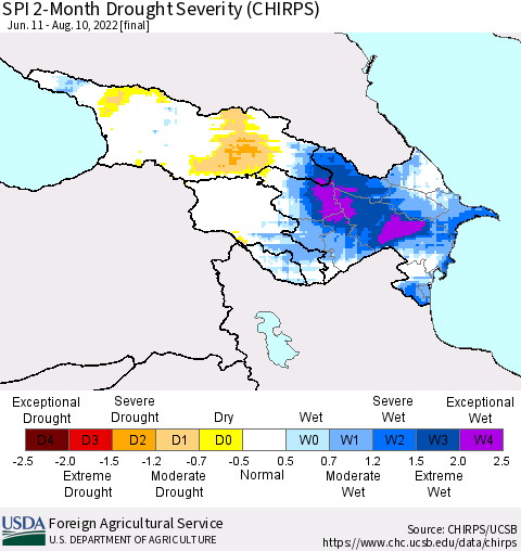 Azerbaijan, Armenia and Georgia SPI 2-Month Drought Severity (CHIRPS) Thematic Map For 6/11/2022 - 8/10/2022