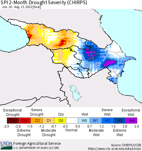 Azerbaijan, Armenia and Georgia SPI 2-Month Drought Severity (CHIRPS) Thematic Map For 6/16/2022 - 8/15/2022