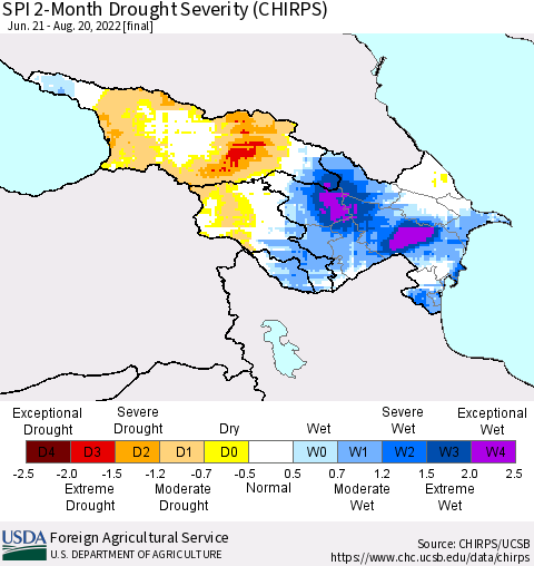 Azerbaijan, Armenia and Georgia SPI 2-Month Drought Severity (CHIRPS) Thematic Map For 6/21/2022 - 8/20/2022