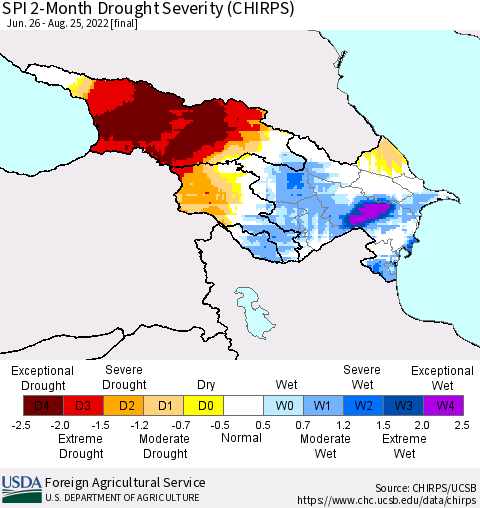 Azerbaijan, Armenia and Georgia SPI 2-Month Drought Severity (CHIRPS) Thematic Map For 6/26/2022 - 8/25/2022