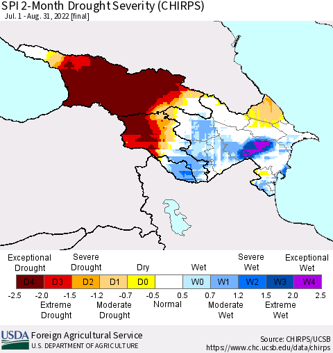 Azerbaijan, Armenia and Georgia SPI 2-Month Drought Severity (CHIRPS) Thematic Map For 7/1/2022 - 8/31/2022