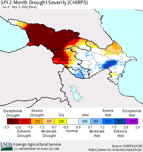 Azerbaijan, Armenia and Georgia SPI 2-Month Drought Severity (CHIRPS) Thematic Map For 7/6/2022 - 9/5/2022