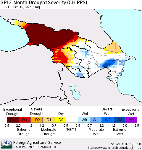 Azerbaijan, Armenia and Georgia SPI 2-Month Drought Severity (CHIRPS) Thematic Map For 7/11/2022 - 9/10/2022