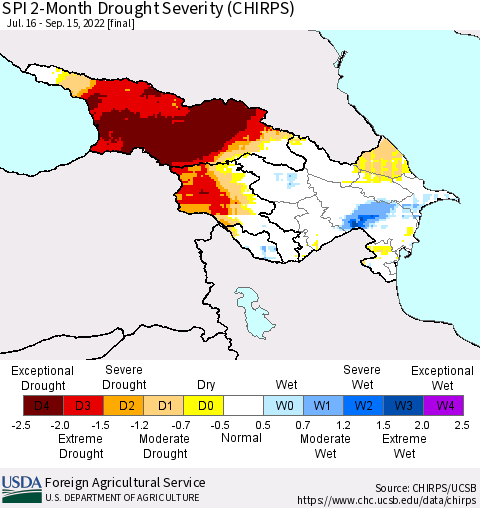 Azerbaijan, Armenia and Georgia SPI 2-Month Drought Severity (CHIRPS) Thematic Map For 7/16/2022 - 9/15/2022