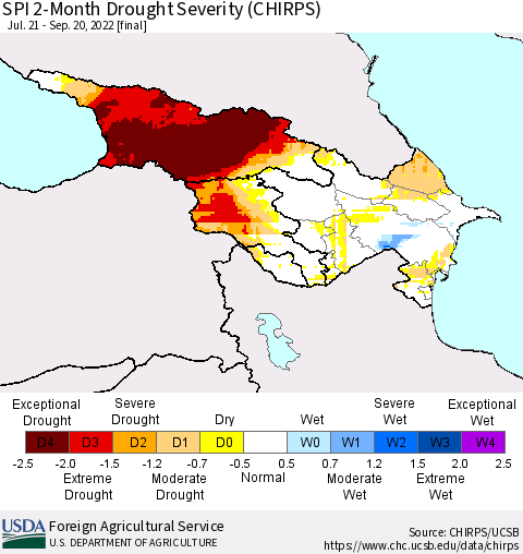 Azerbaijan, Armenia and Georgia SPI 2-Month Drought Severity (CHIRPS) Thematic Map For 7/21/2022 - 9/20/2022