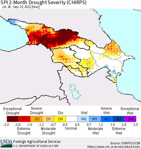 Azerbaijan, Armenia and Georgia SPI 2-Month Drought Severity (CHIRPS) Thematic Map For 7/26/2022 - 9/25/2022