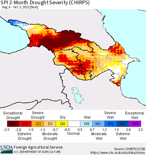 Azerbaijan, Armenia and Georgia SPI 2-Month Drought Severity (CHIRPS) Thematic Map For 8/6/2022 - 10/5/2022