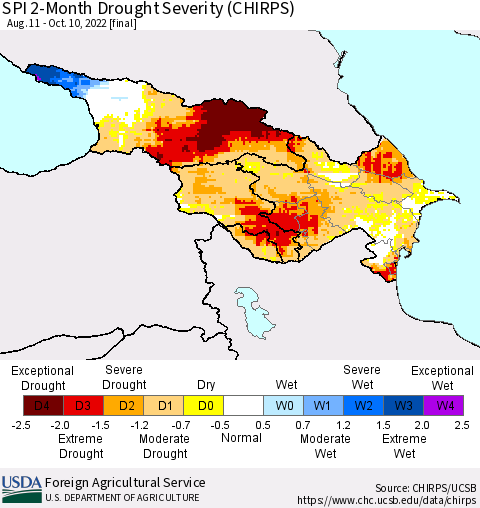 Azerbaijan, Armenia and Georgia SPI 2-Month Drought Severity (CHIRPS) Thematic Map For 8/11/2022 - 10/10/2022
