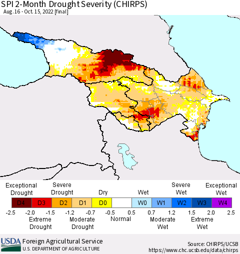 Azerbaijan, Armenia and Georgia SPI 2-Month Drought Severity (CHIRPS) Thematic Map For 8/16/2022 - 10/15/2022