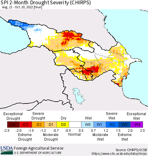 Azerbaijan, Armenia and Georgia SPI 2-Month Drought Severity (CHIRPS) Thematic Map For 8/21/2022 - 10/20/2022
