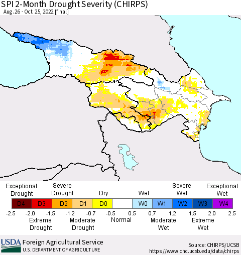 Azerbaijan, Armenia and Georgia SPI 2-Month Drought Severity (CHIRPS) Thematic Map For 8/26/2022 - 10/25/2022