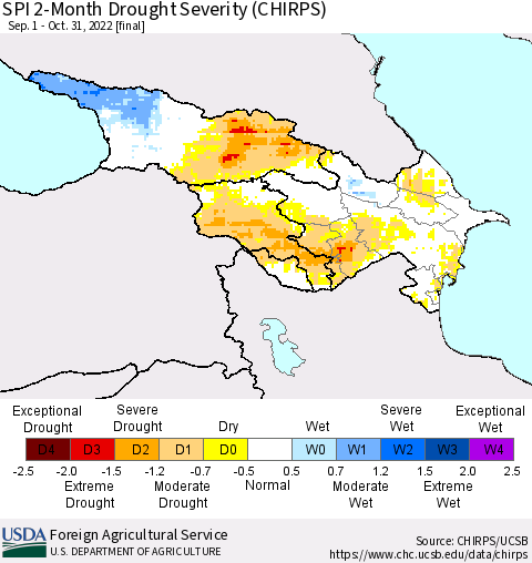 Azerbaijan, Armenia and Georgia SPI 2-Month Drought Severity (CHIRPS) Thematic Map For 9/1/2022 - 10/31/2022