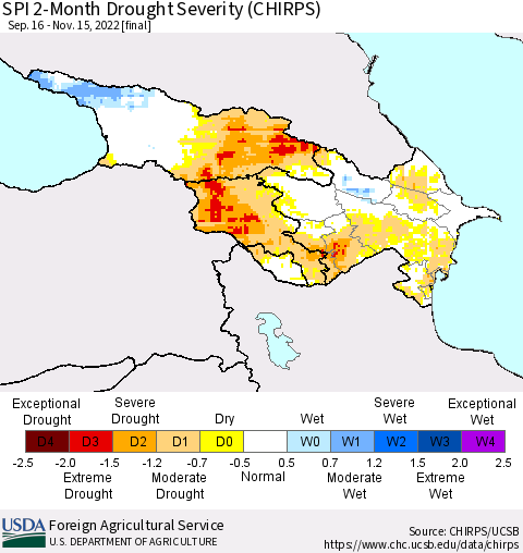 Azerbaijan, Armenia and Georgia SPI 2-Month Drought Severity (CHIRPS) Thematic Map For 9/16/2022 - 11/15/2022