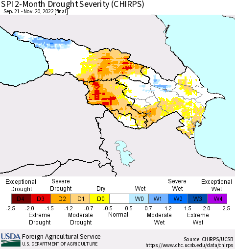 Azerbaijan, Armenia and Georgia SPI 2-Month Drought Severity (CHIRPS) Thematic Map For 9/21/2022 - 11/20/2022