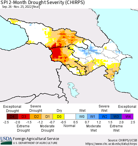 Azerbaijan, Armenia and Georgia SPI 2-Month Drought Severity (CHIRPS) Thematic Map For 9/26/2022 - 11/25/2022