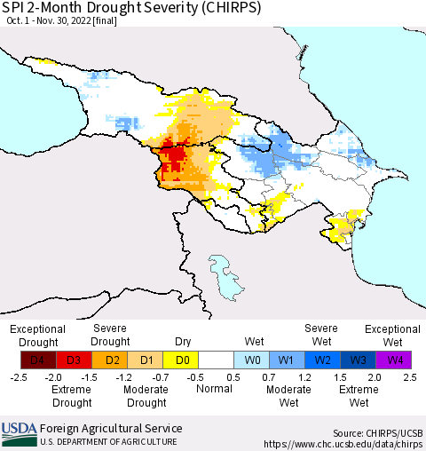 Azerbaijan, Armenia and Georgia SPI 2-Month Drought Severity (CHIRPS) Thematic Map For 10/1/2022 - 11/30/2022