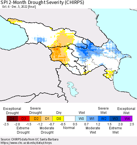 Azerbaijan, Armenia and Georgia SPI 2-Month Drought Severity (CHIRPS) Thematic Map For 10/6/2022 - 12/5/2022