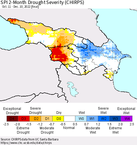 Azerbaijan, Armenia and Georgia SPI 2-Month Drought Severity (CHIRPS) Thematic Map For 10/11/2022 - 12/10/2022