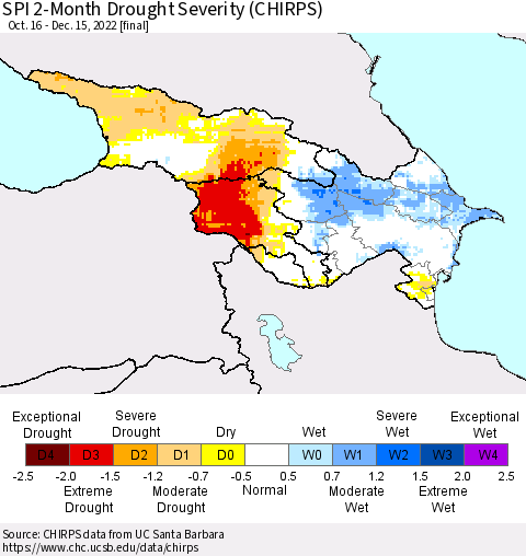 Azerbaijan, Armenia and Georgia SPI 2-Month Drought Severity (CHIRPS) Thematic Map For 10/16/2022 - 12/15/2022