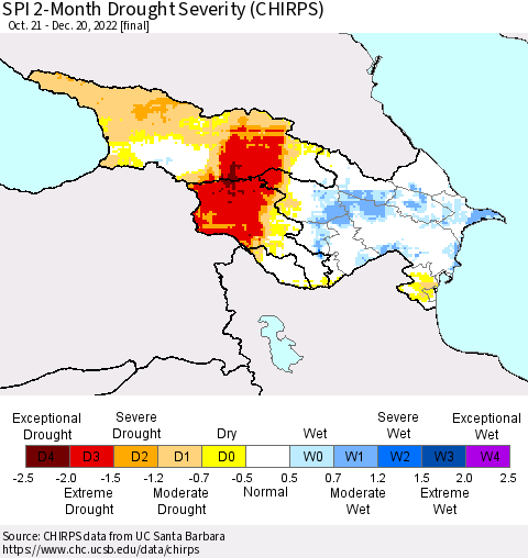 Azerbaijan, Armenia and Georgia SPI 2-Month Drought Severity (CHIRPS) Thematic Map For 10/21/2022 - 12/20/2022