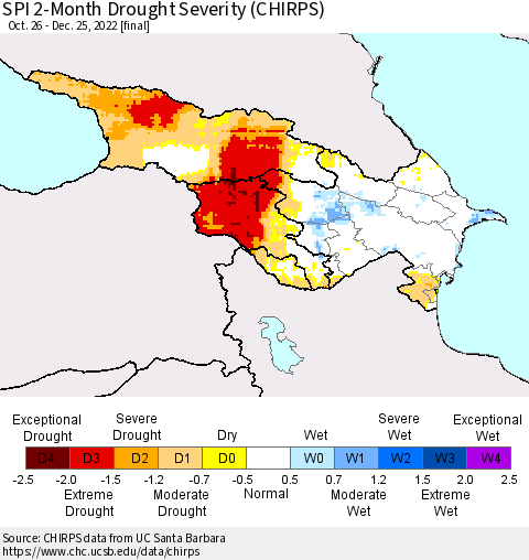 Azerbaijan, Armenia and Georgia SPI 2-Month Drought Severity (CHIRPS) Thematic Map For 10/26/2022 - 12/25/2022