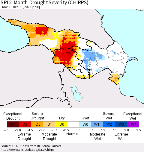 Azerbaijan, Armenia and Georgia SPI 2-Month Drought Severity (CHIRPS) Thematic Map For 11/1/2022 - 12/31/2022
