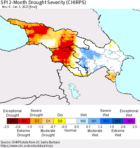 Azerbaijan, Armenia and Georgia SPI 2-Month Drought Severity (CHIRPS) Thematic Map For 11/6/2022 - 1/5/2023