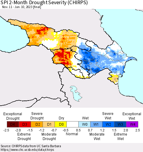 Azerbaijan, Armenia and Georgia SPI 2-Month Drought Severity (CHIRPS) Thematic Map For 11/11/2022 - 1/10/2023
