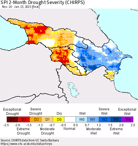 Azerbaijan, Armenia and Georgia SPI 2-Month Drought Severity (CHIRPS) Thematic Map For 11/16/2022 - 1/15/2023