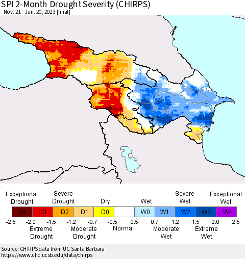 Azerbaijan, Armenia and Georgia SPI 2-Month Drought Severity (CHIRPS) Thematic Map For 11/21/2022 - 1/20/2023