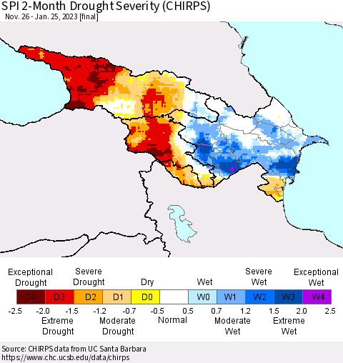 Azerbaijan, Armenia and Georgia SPI 2-Month Drought Severity (CHIRPS) Thematic Map For 11/26/2022 - 1/25/2023