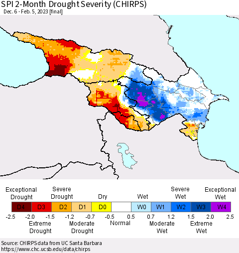 Azerbaijan, Armenia and Georgia SPI 2-Month Drought Severity (CHIRPS) Thematic Map For 12/6/2022 - 2/5/2023
